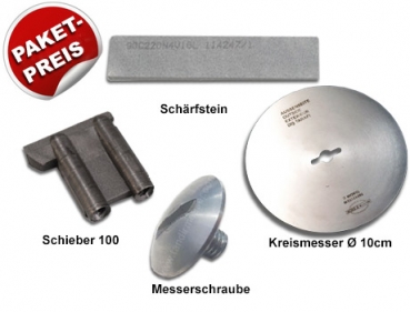 Tandir Paket Kreismesser ø10cm glatt, Schieber 100er, Messerschraube, Schärfstein